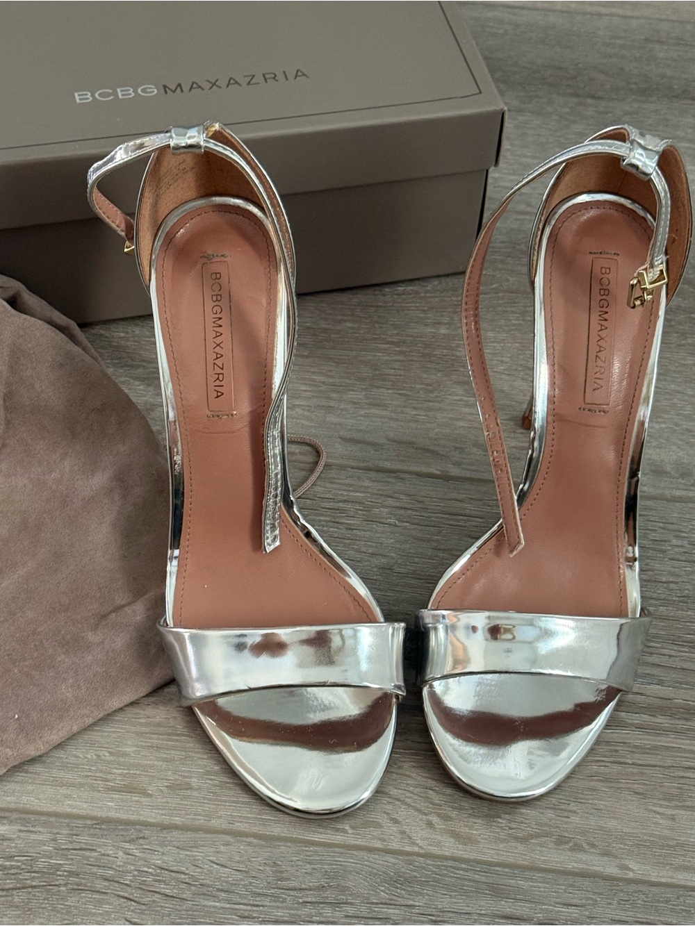 BCBGMaxAzria Silver Mirror Ankle-Strap Heels